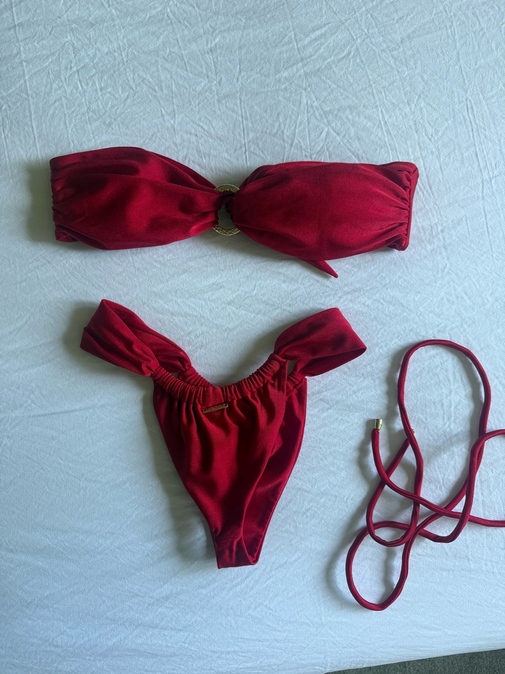 NWOT Lavarice Red Bandeau Bikini Set with Gold Ring Detail